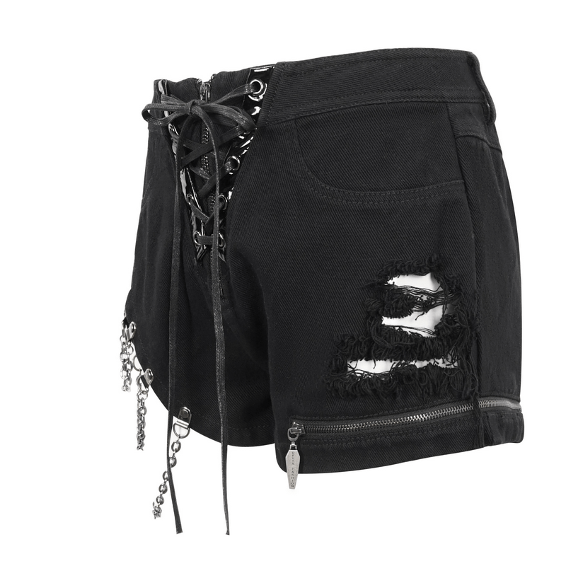 Women's punk chains ripped shorts with front zipper and lace-up pockets, edgy fashion statement.