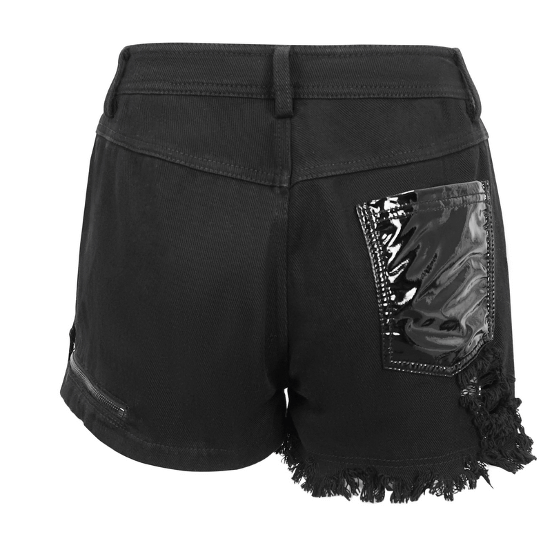 Back view of women's punk chains ripped black shorts with lace-up pockets and distressed hem.