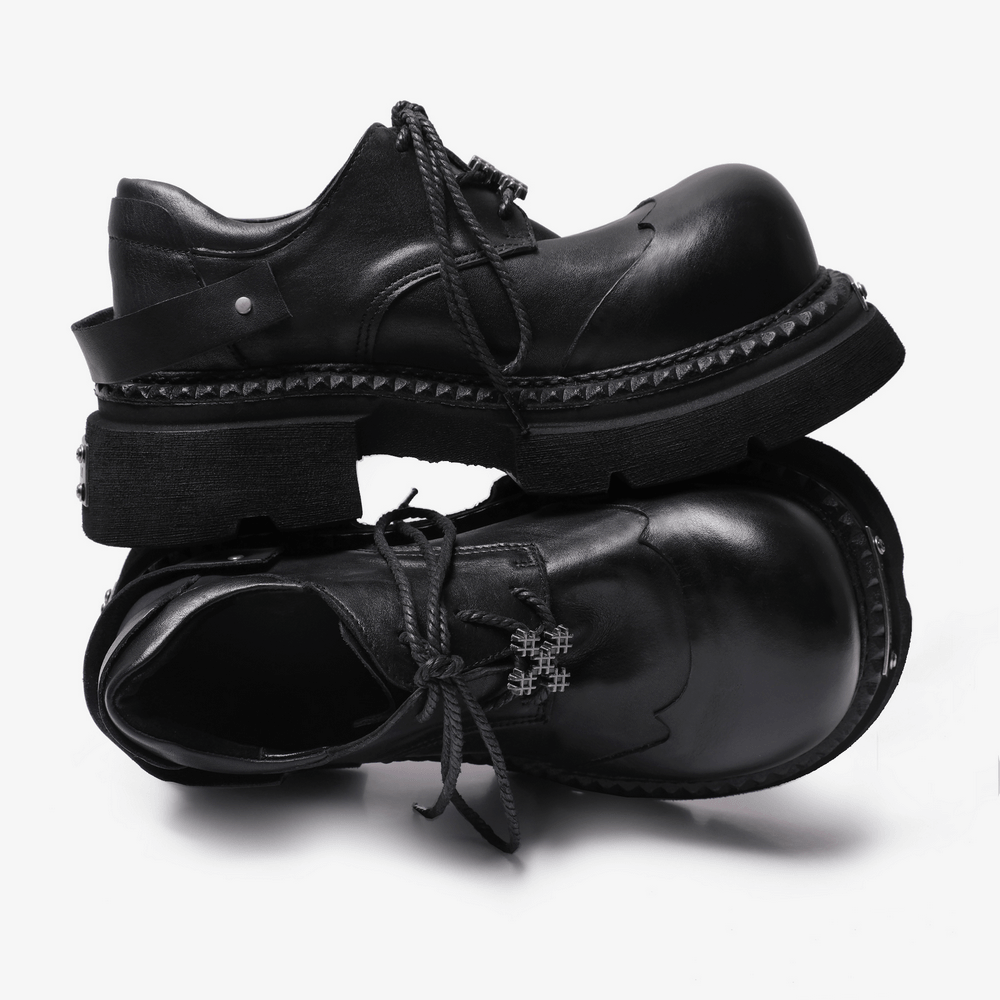 Women's Chunky Derby Shoes with Metal Toe Plates, black platform lace-up shoes with lug soles and braided laces