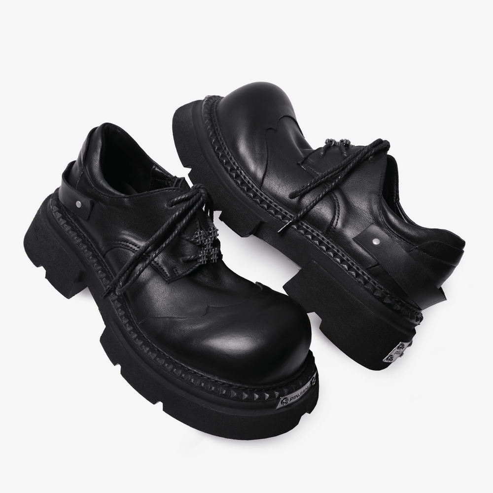 Women's Chunky Derby Shoes with Metal Toe Plates, black lace-up platform derbies with lug soles and metal accents