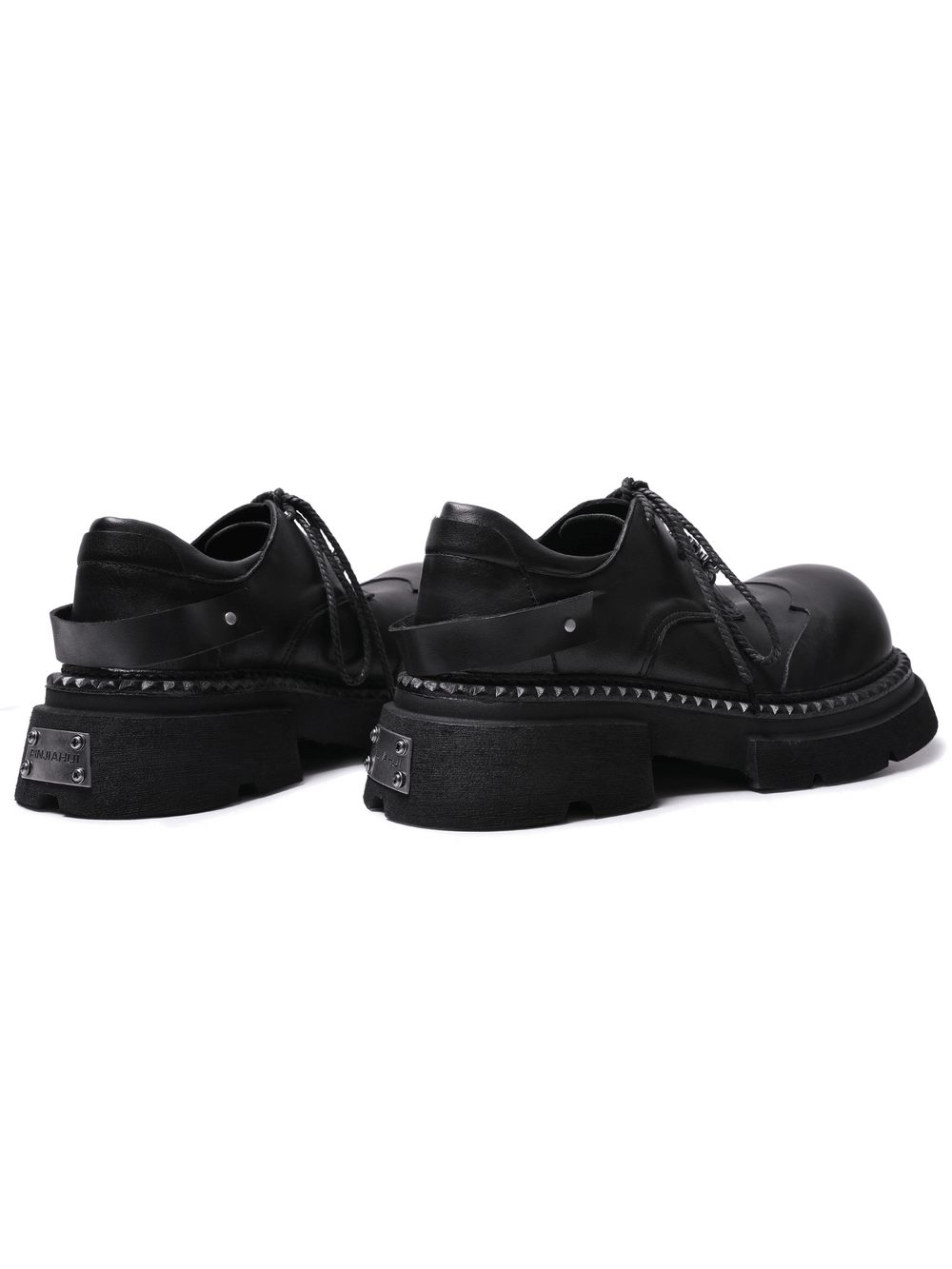 Women's Chunky Derby Shoes with Metal Toe Plates, black round-toe lace-up platforms with lug soles and metal accents