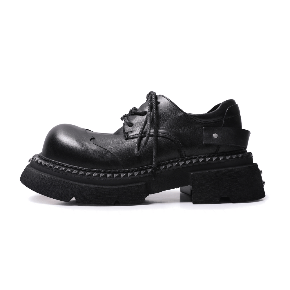 Women's Chunky Derby Shoes with Metal Toe Plates black round-toe lace-up derby shoes with lug soles and metal accents