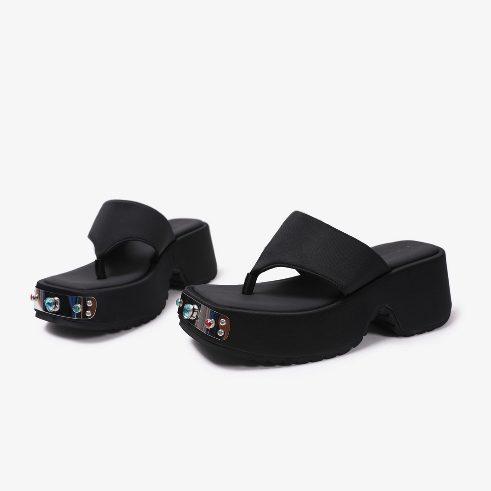 Women's Chunky Platform Thong Sandals with Jeweled Toe Trim, black slip-on wedges with gemstone accents
