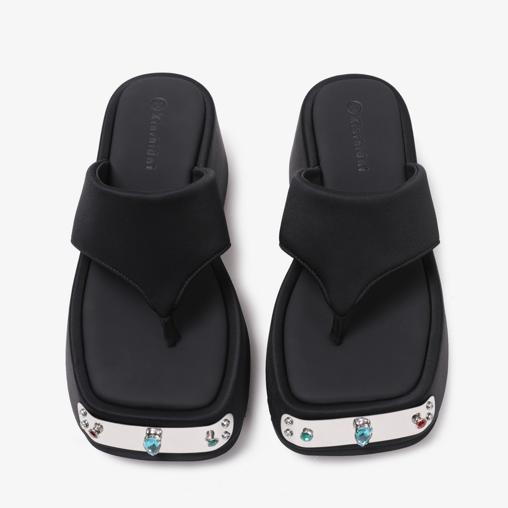 Women’s Chunky Platform Thong Sandals with Jeweled Toe Trim, black slip-on flip flops with gemstone accents