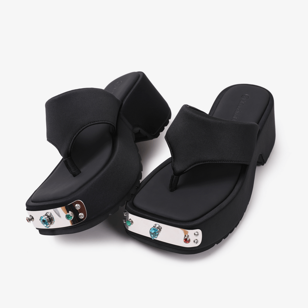 Women's Chunky Platform Thong Sandals with Jeweled Toe Trim, black slip-on sandals with gemstone accents and chunky soles