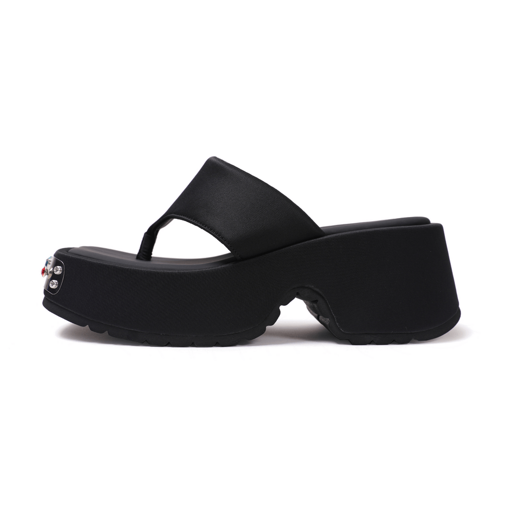 Women's Chunky Platform Thong Sandals with Jeweled Toe Trim, black platform flip flops with silver jeweled toe detail