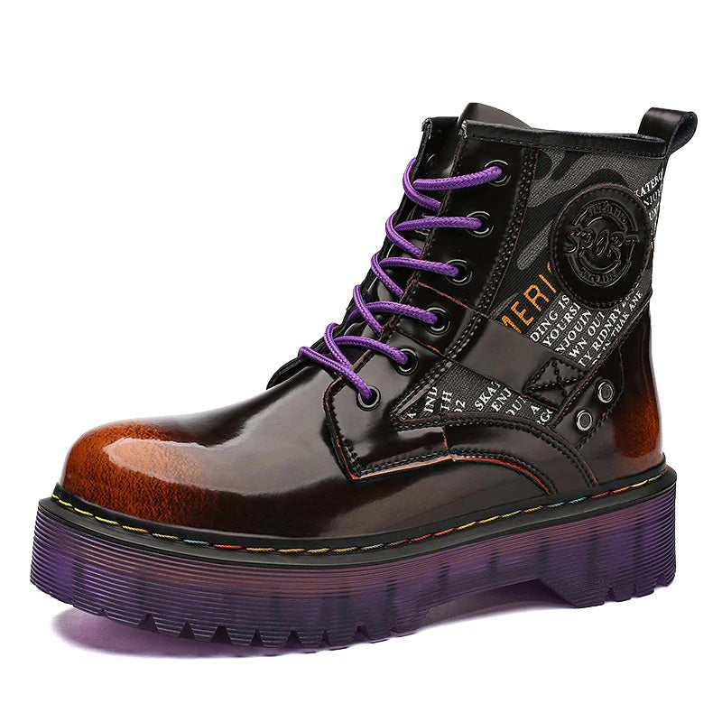 Women's chunky short boots with purple laces, gradient design, and fun patches, ideal for alternative fashion outfits.