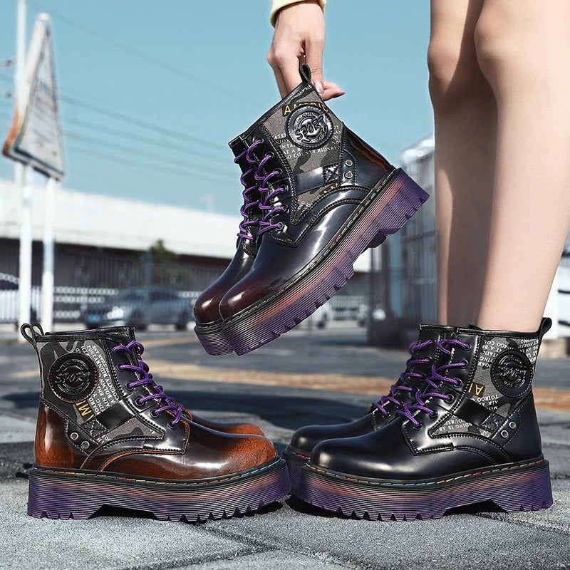 Women's chunky ankle boots in gradient colors with lace-up closure, perfect for alternative fashion outfits.