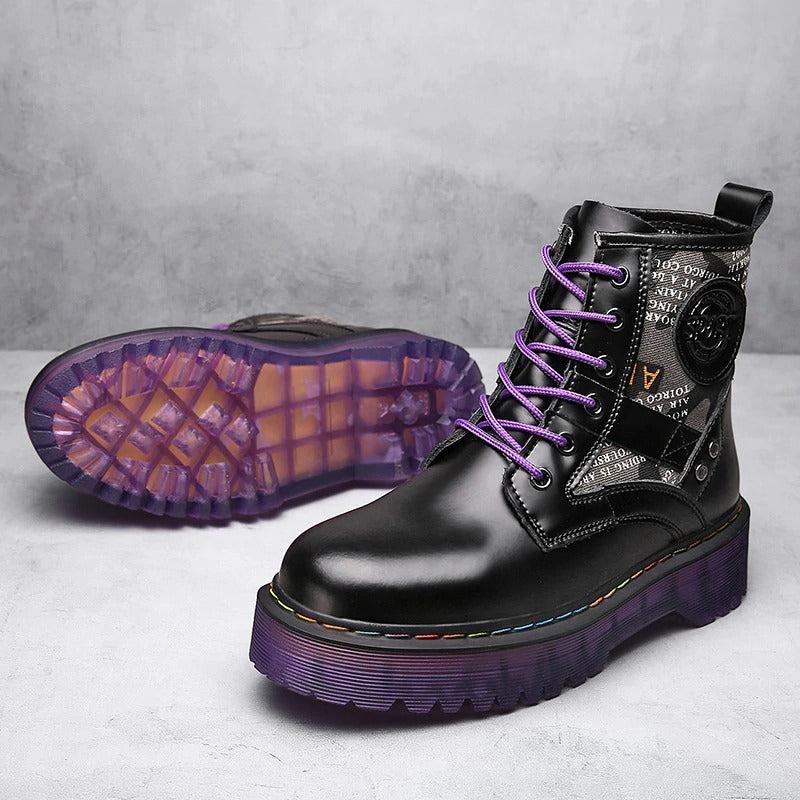 Stylish women's chunky short boots in PU leather with purple soles and fun patches, perfect for alternative fashion outfits.