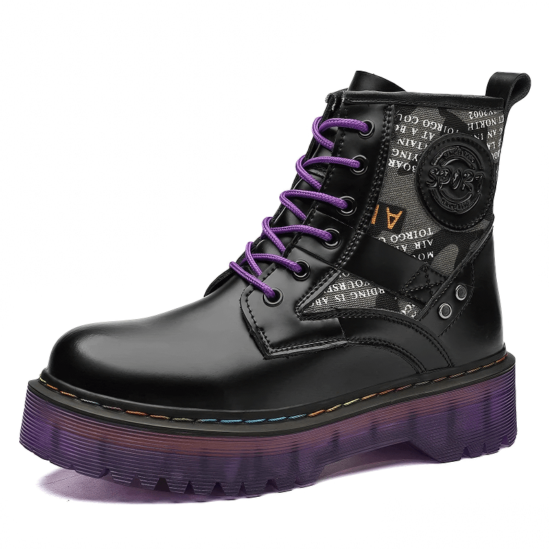 Women's chunky short PU leather ankle boots with fun patches and gradient soles, perfect for alternative fashion outfits.