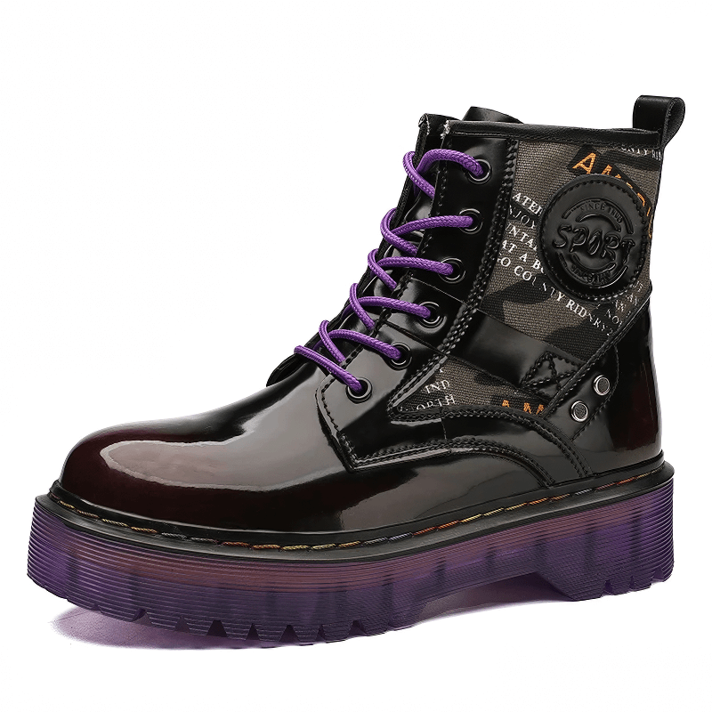 Women's chunky ankle boots with purple laces, gradient sole, and fun graphic details for stylish alternative fashion.