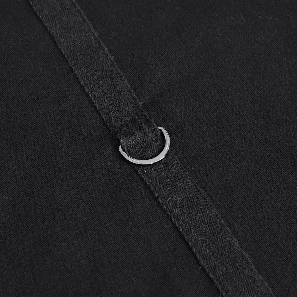 Close-up of a black high waist steampunk skirt with a silver buckle detail, showcasing the vintage style and quality fabric.