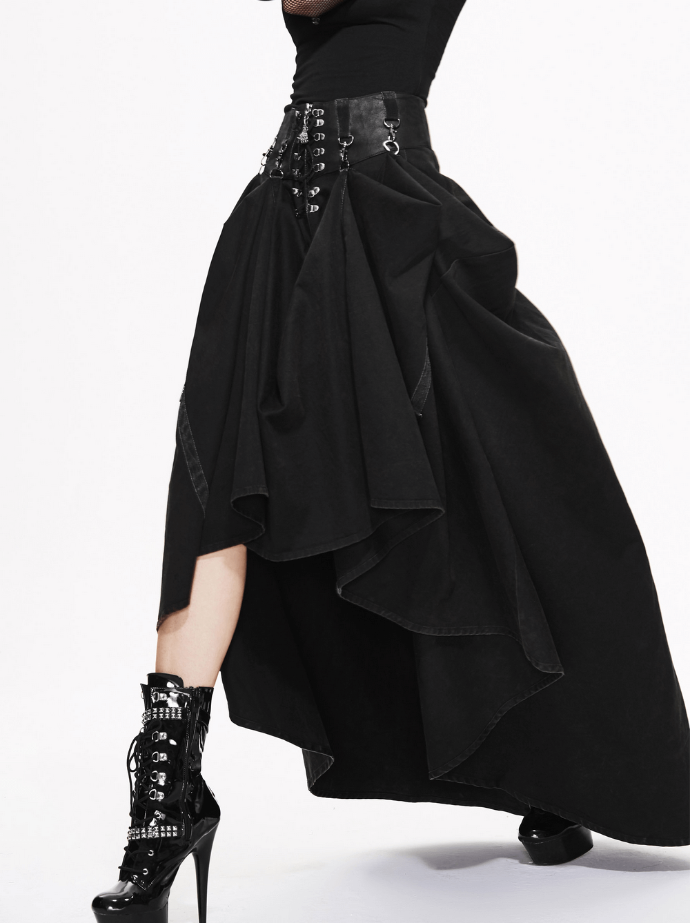 Stylish women's steampunk black long skirt with layered design and high waist, perfect for trendy outfits.