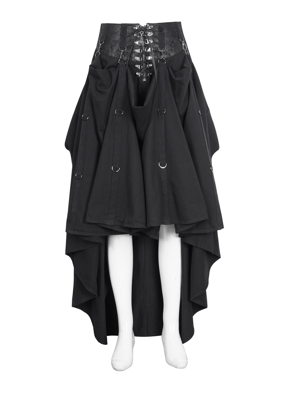 Stylish women's steampunk black high waist skirt with layered design and lace-up detail.