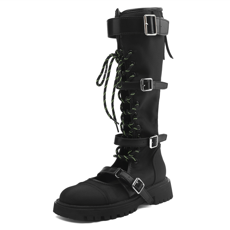 Women's Platform Wedge Mid Calf Boots, Fashionable Mesh Lace Up Square Toe  Back Zipper Shoes, Gothic Style Motorcycle Boots