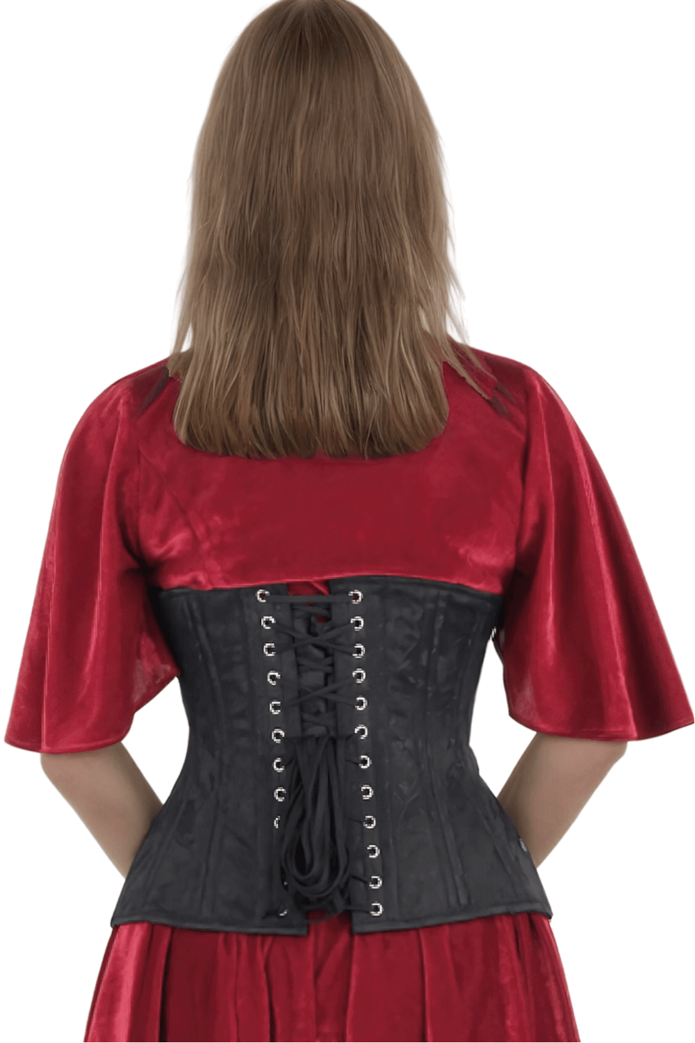 Back view of a model wearing a black waist trainer corset with lacing, paired with a red satin dress.