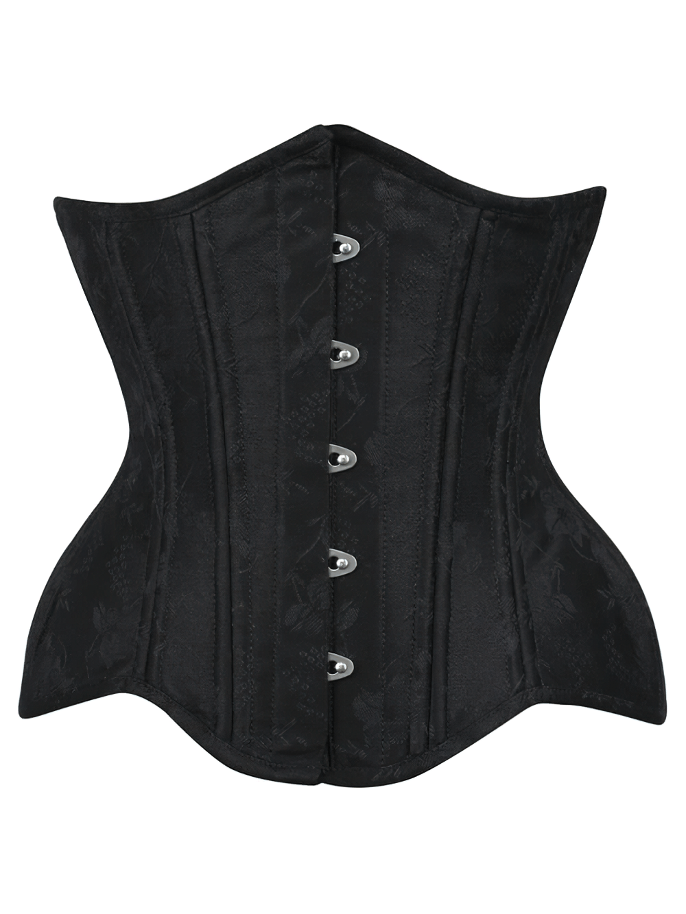 Elegant black waist trainer corset with spiral steel bones and metal busk closure.