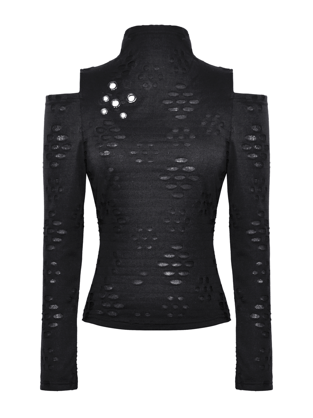 Women's edgy black cut-out long sleeved top with metal studs and unique shoulder design, perfect for a daring look.