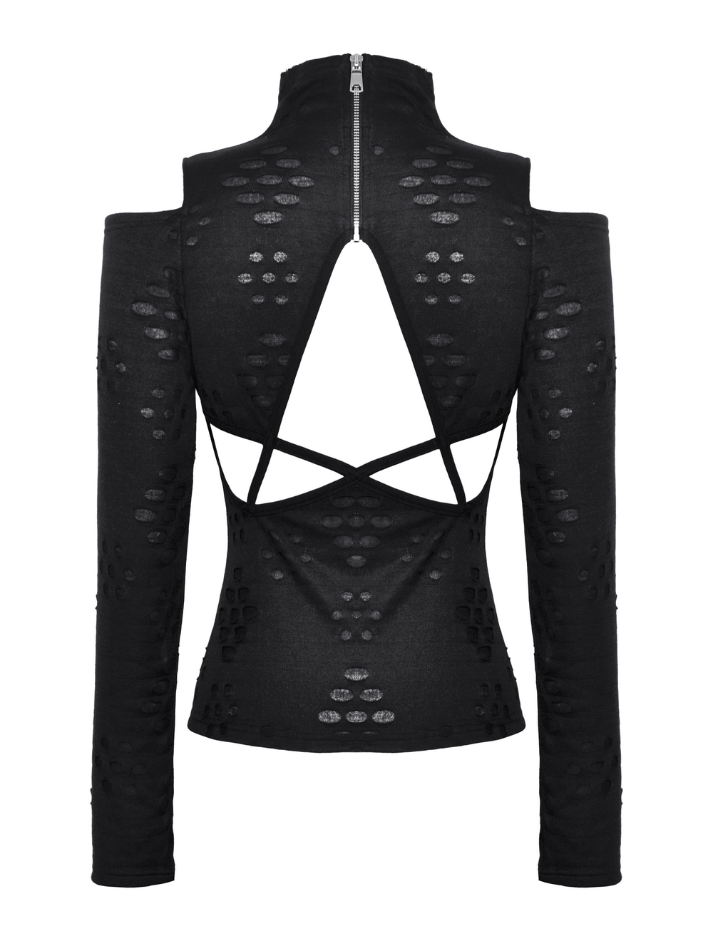 Women's black cut-out long sleeved top with metal studs and unique back design, perfect for edgy fashion lovers.