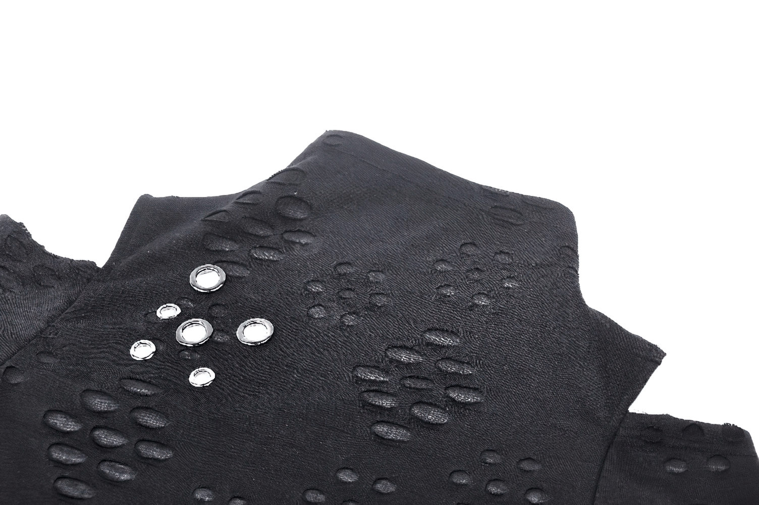 Women's black cut-out long sleeved top with metal studs and unique shoulder design, perfect for edgy fashion.