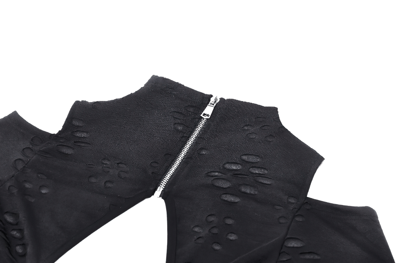 Edgy black long sleeved top with cut-out shoulders and zipper detail, showcasing stylish punk-rock design and unique textures.