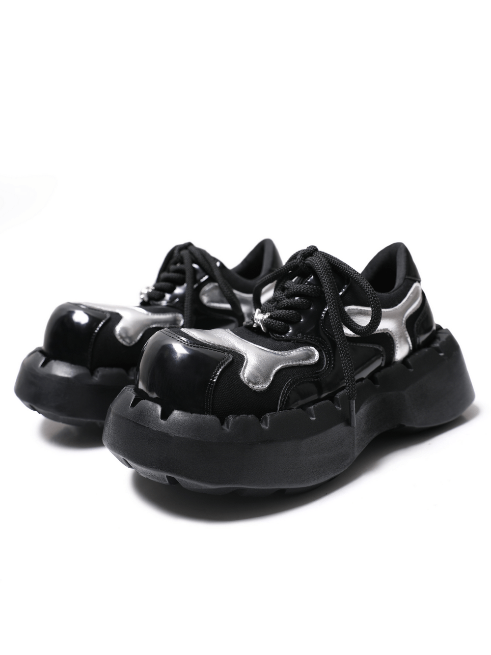 Women's Cyber Goth Platform Sneakers with Silver Panels, black chunky lace-up punk shoes with metallic overlays