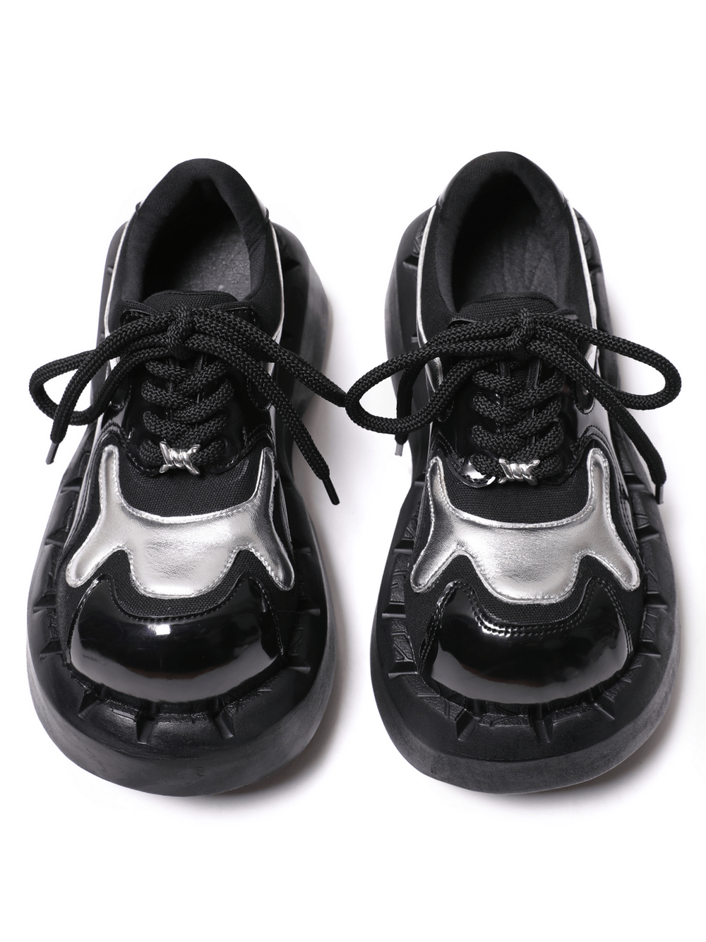 Women's Cyber Goth Platform Sneakers with Silver Panels, black lace-up chunky sole punk shoes