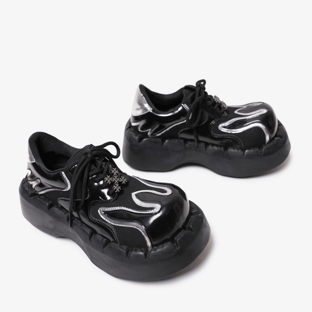Women's Cyber Goth Silver Flame Platform Sneakers, black chunky lace-up shoes with silver flame panels and sculpted soles