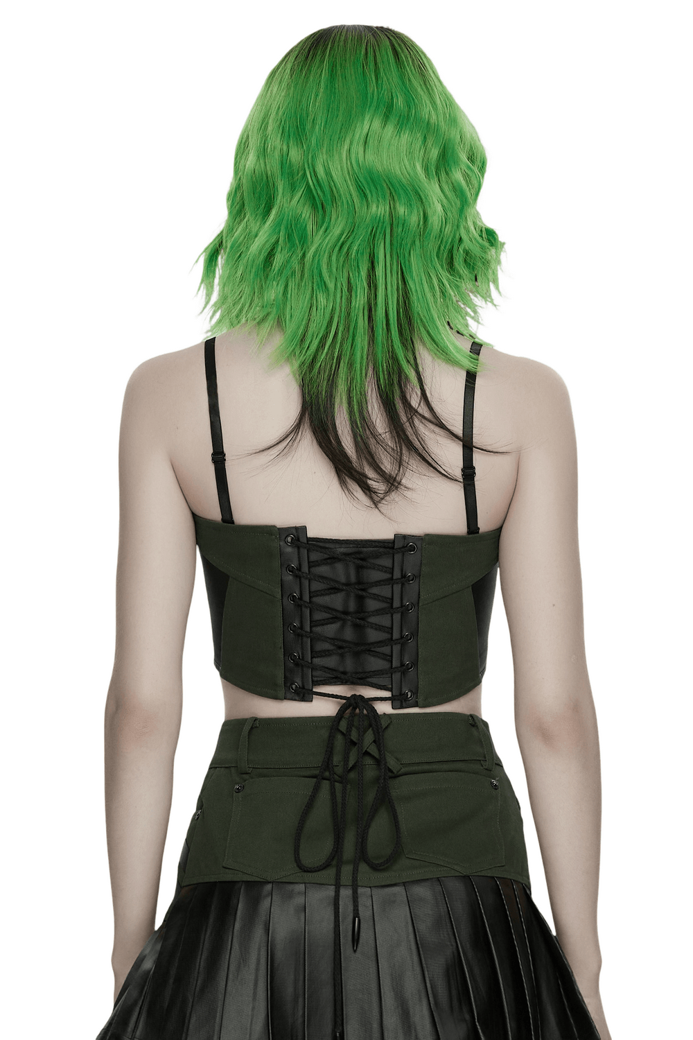 Back view of a model wearing Women's Cyberpunk Buckle Bustier Corset Crop Top with lace-up details and green hair.