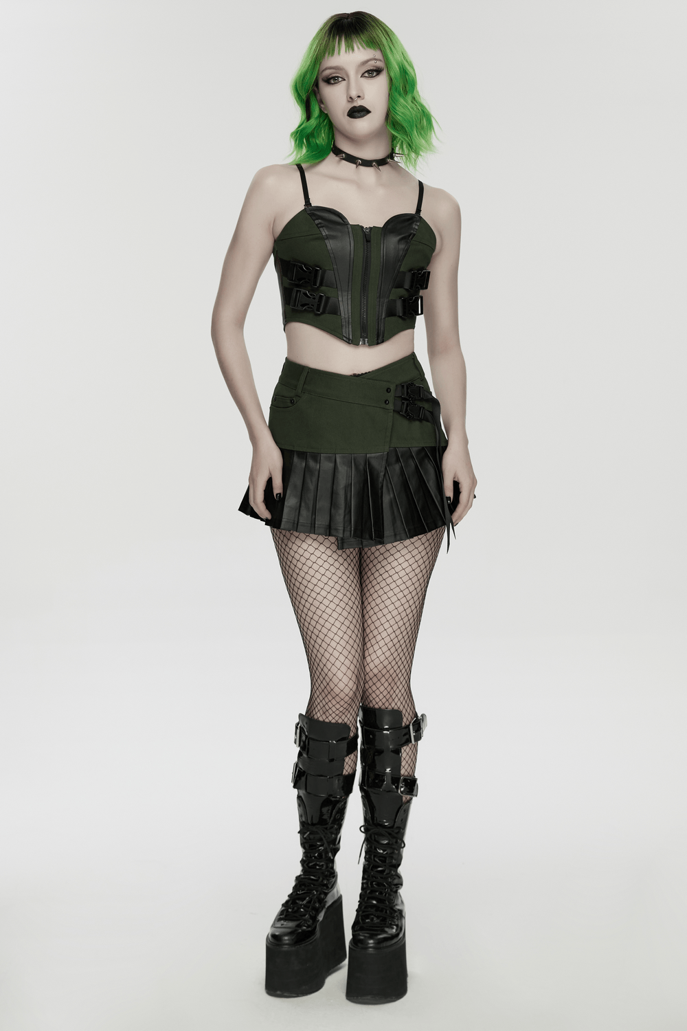 Women's Cyberpunk Buckle Bustier Corset Crop Top with bold streetwear style and edgy accessories.