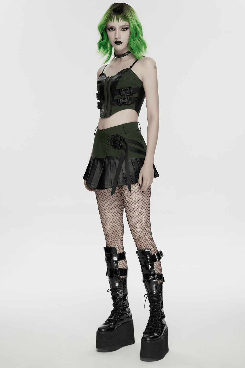 Women's Cyberpunk Buckle Bustier Corset Crop Top in a bold streetwear look with edgy accessories.