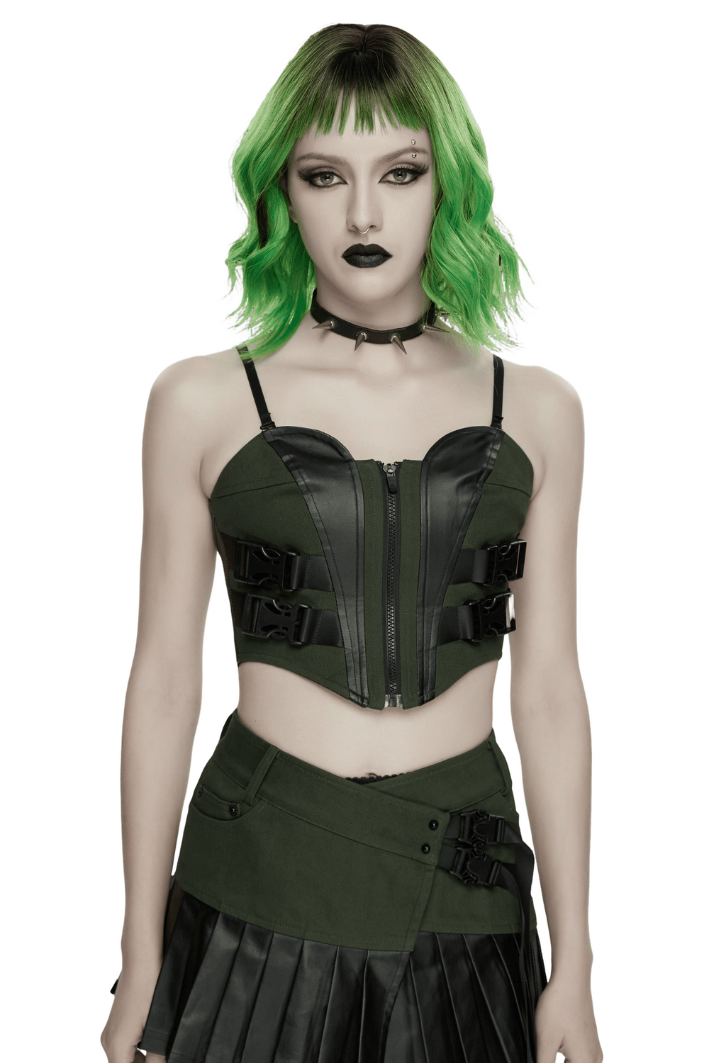 Women's Cyberpunk Buckle Bustier Corset Crop Top in black and green with buckles and a zip front.
