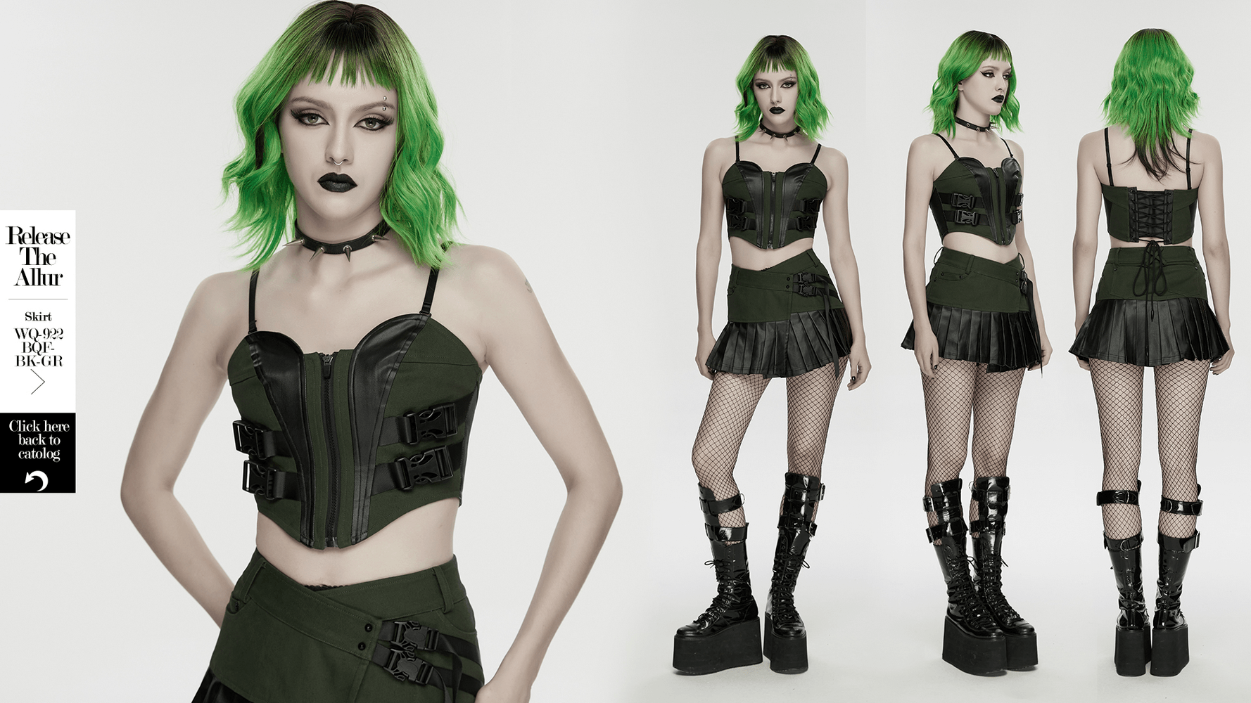 Women's Cyberpunk Buckle Bustier Corset Crop Top model showcasing bold style and edgy accessories in green and black outfit.