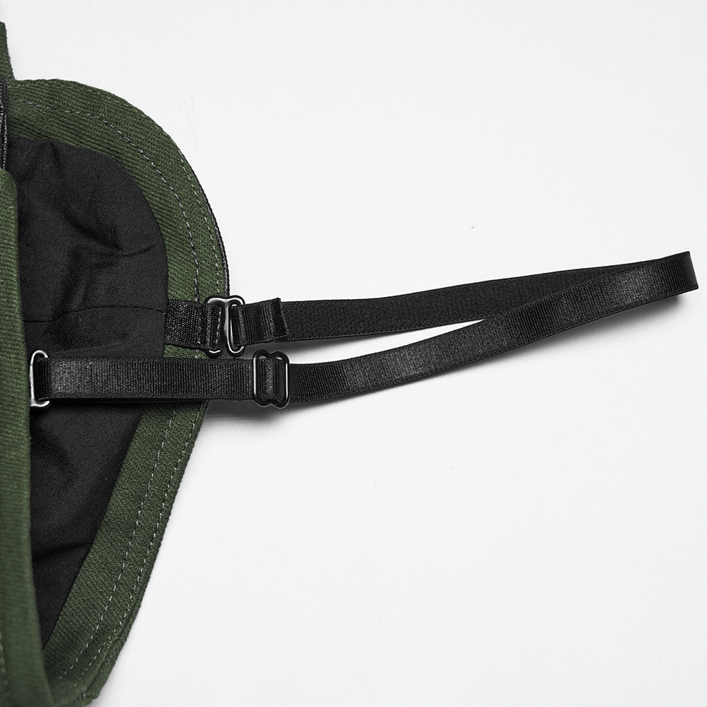 Close-up of the adjustable straps on the Women's Cyberpunk Buckle Bustier Corset Crop Top, showcasing sleek detailing.
