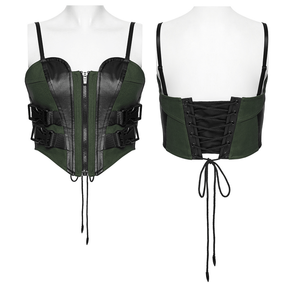 Women's Cyberpunk Buckle Bustier Corset Crop Top featuring a zip front and lace-up back for a bold streetwear look.