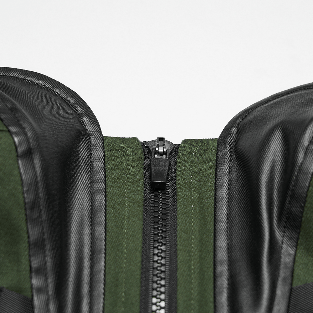 Close-up of the zipper on the Women's Cyberpunk Buckle Bustier Corset Crop Top showcasing its bold design.