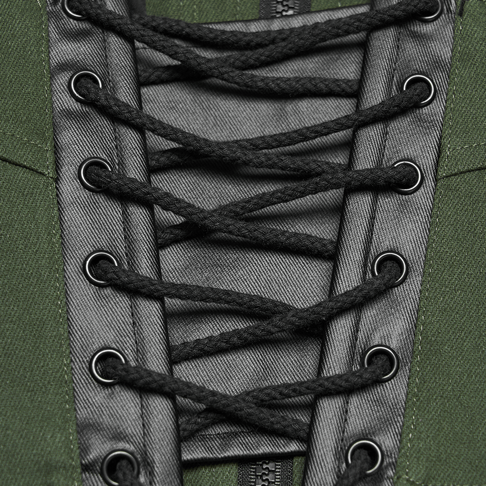 Close-up of lace-up detail on the Women's Cyberpunk Buckle Bustier Corset Crop Top showcasing the unique texture and design.