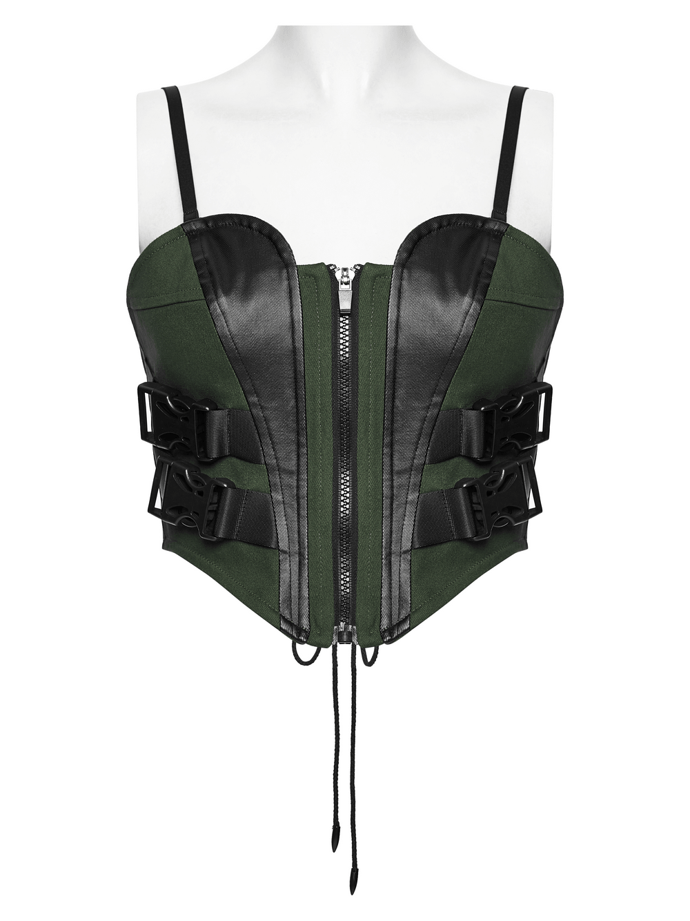 Women's Cyberpunk Buckle Bustier Corset Crop Top in green and black with zipper and waist buckles.