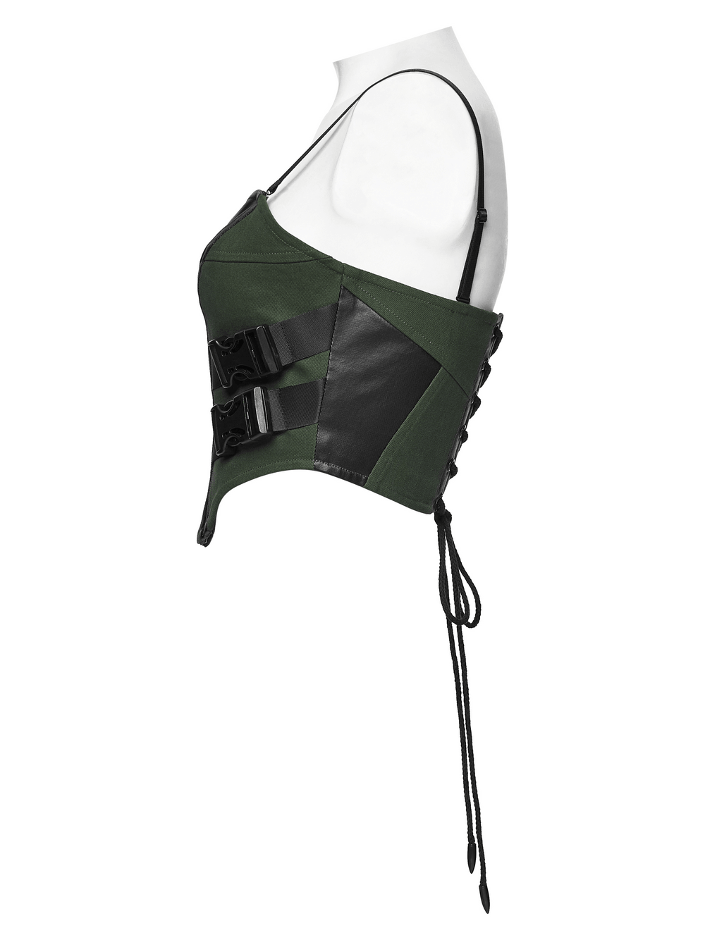 Women's Cyberpunk Buckle Bustier Corset Crop Top showcasing bold black and green contrast with buckle details and lace-up back.