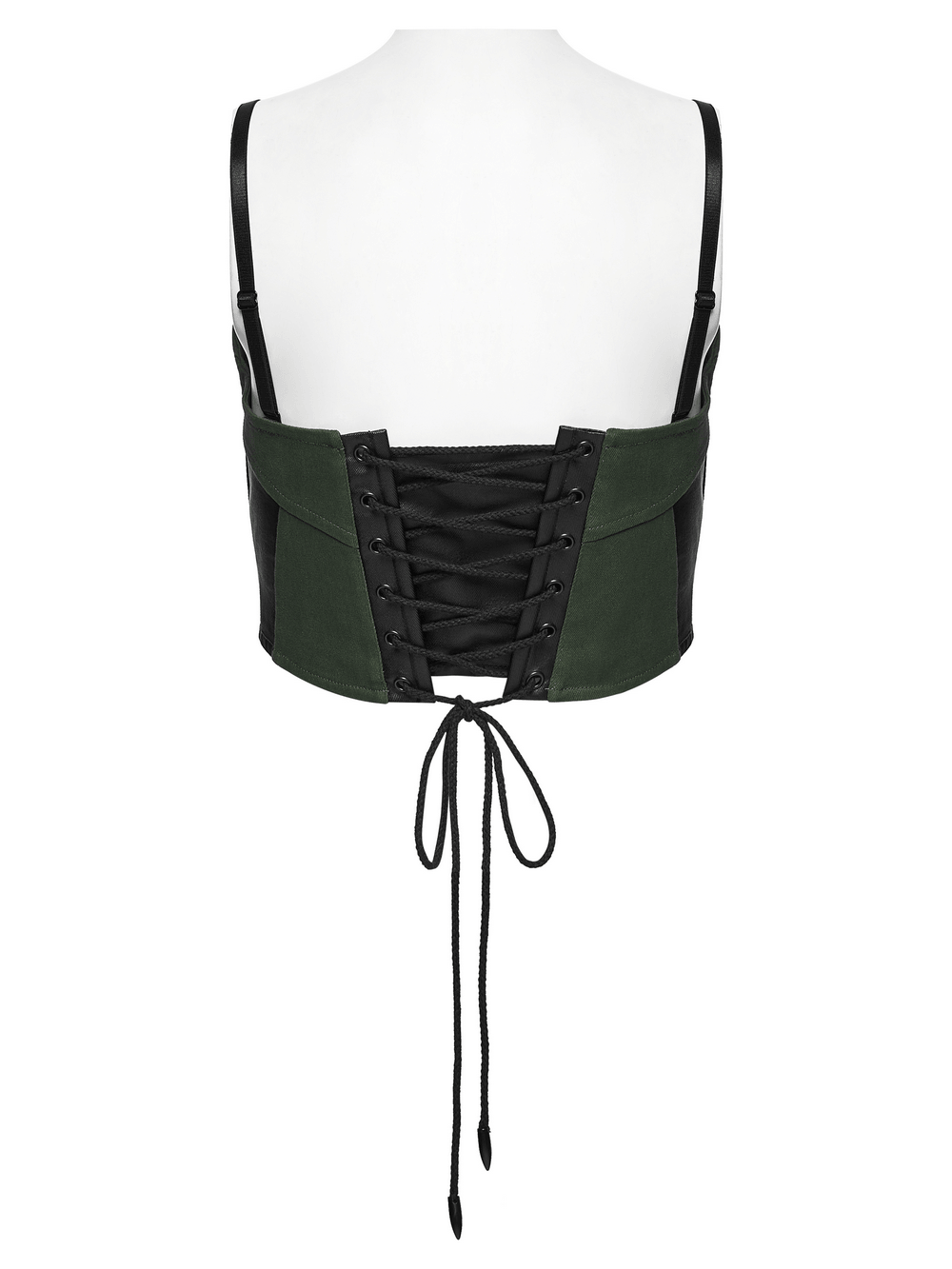 Women's Cyberpunk Buckle Bustier Corset Crop Top showcasing the lace-up back detail and adjustable shoulder straps.