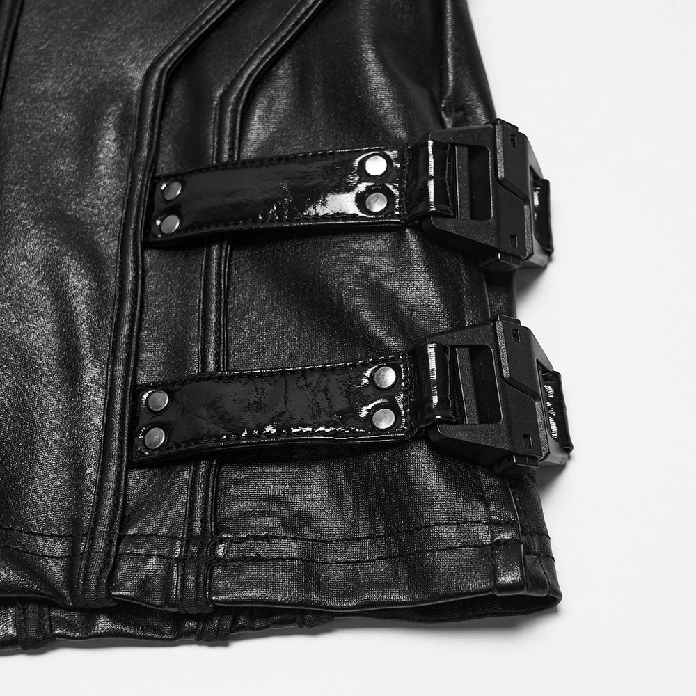 Women's Cyberpunk Faux Leather Mini Dress with Buckle Straps black faux leather close-up