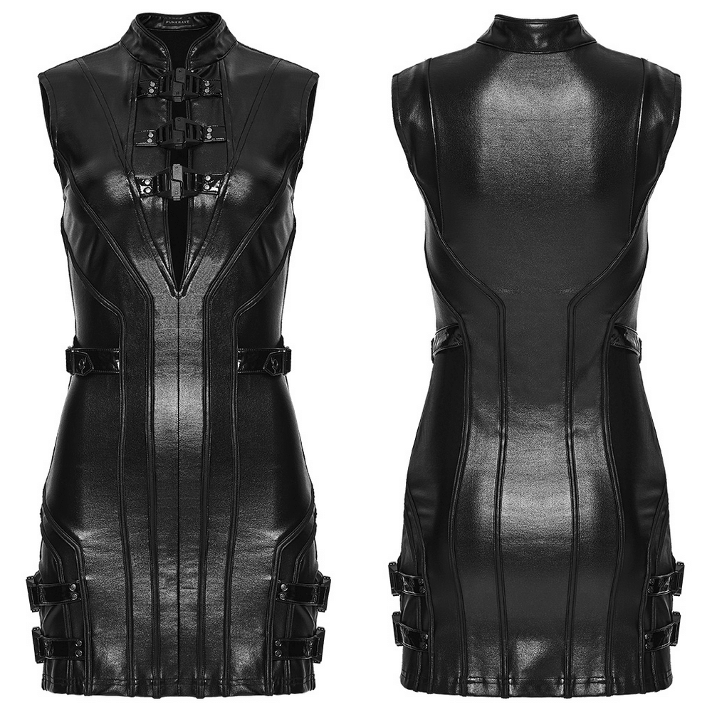 Women's Cyberpunk Faux Leather Mini Dress with Buckle Straps, black sleeveless gothic mini dress with buckle details