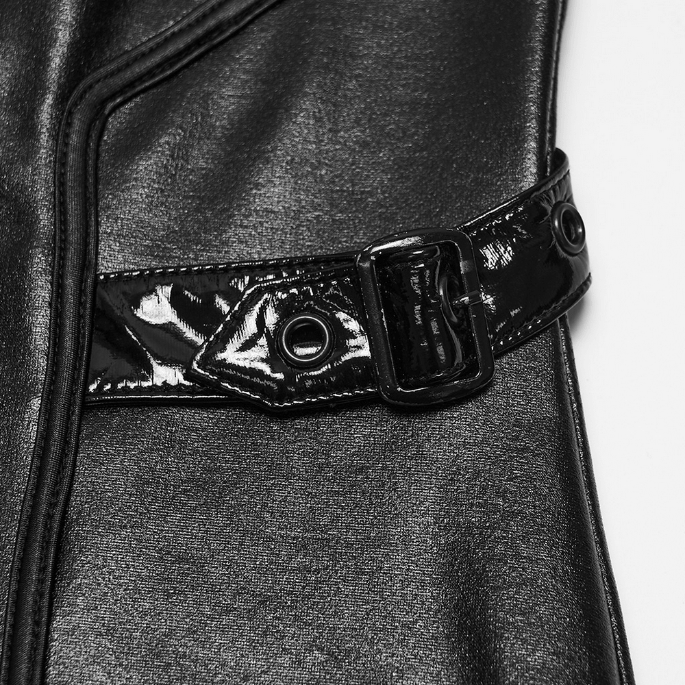Women's Cyberpunk Faux Leather Mini Dress with Buckle Straps, black glossy buckle detail close-up