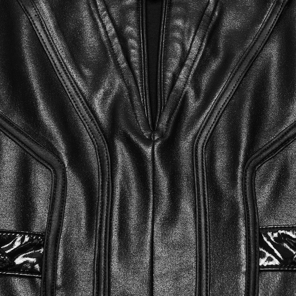 Women's Cyberpunk Faux Leather Mini Dress with Buckle Straps, edgy black metallic close-up