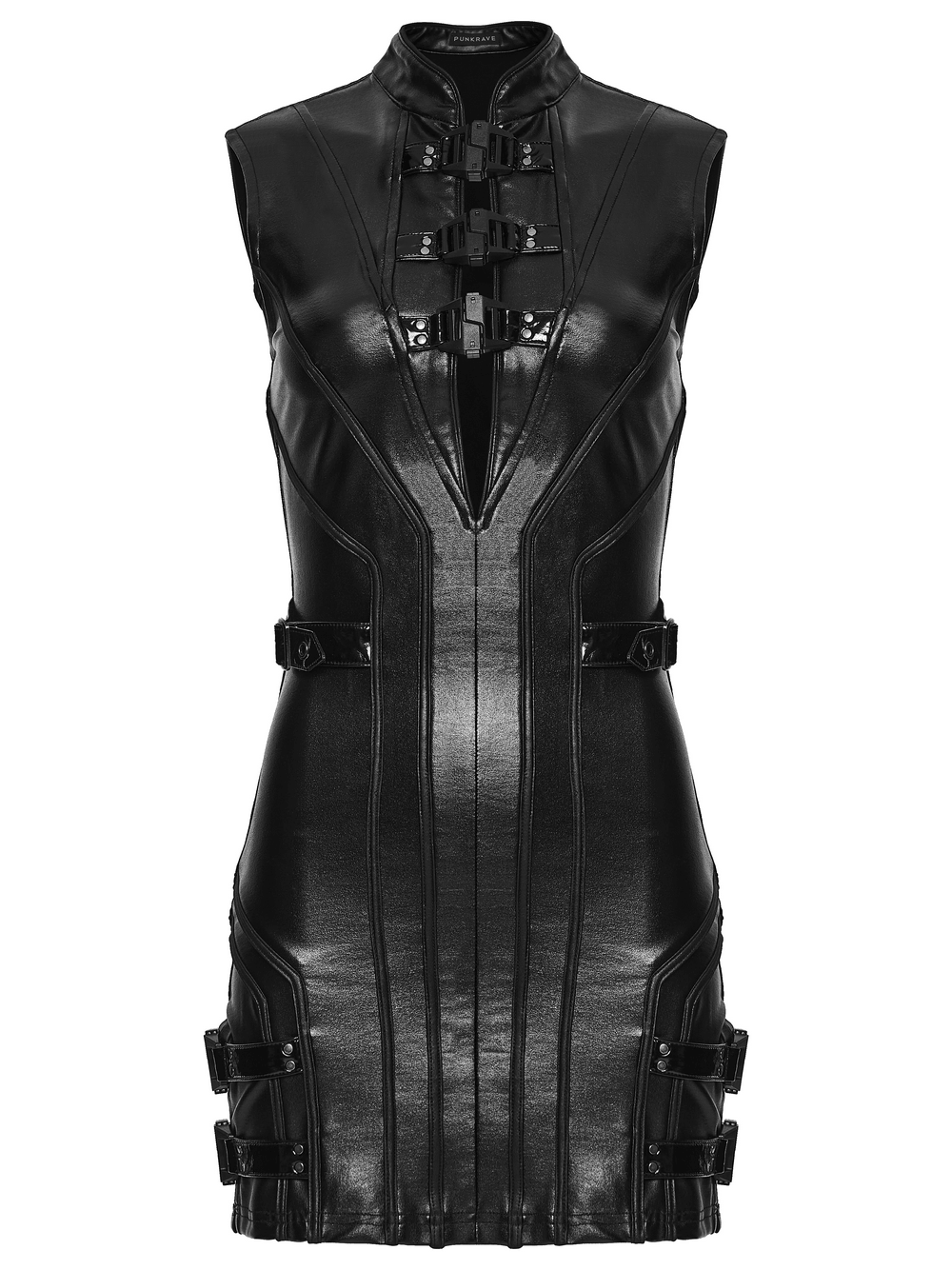 Women's Cyberpunk Faux Leather Mini Dress with Buckle Straps, edgy black futuristic style