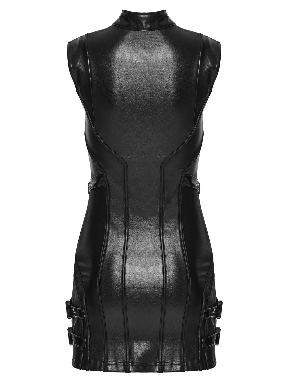 Women's Cyberpunk Faux Leather Mini Dress with Buckle Straps, sleek black back view with edgy futuristic style