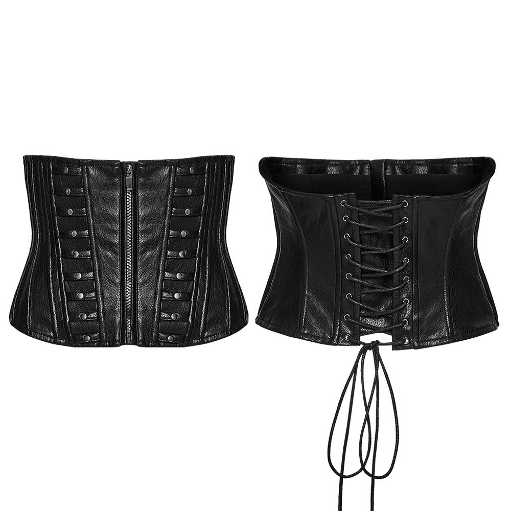 Women's Cyberpunk Faux Leather Underbust Corset in black with zipper, metal snaps and lace-up back
