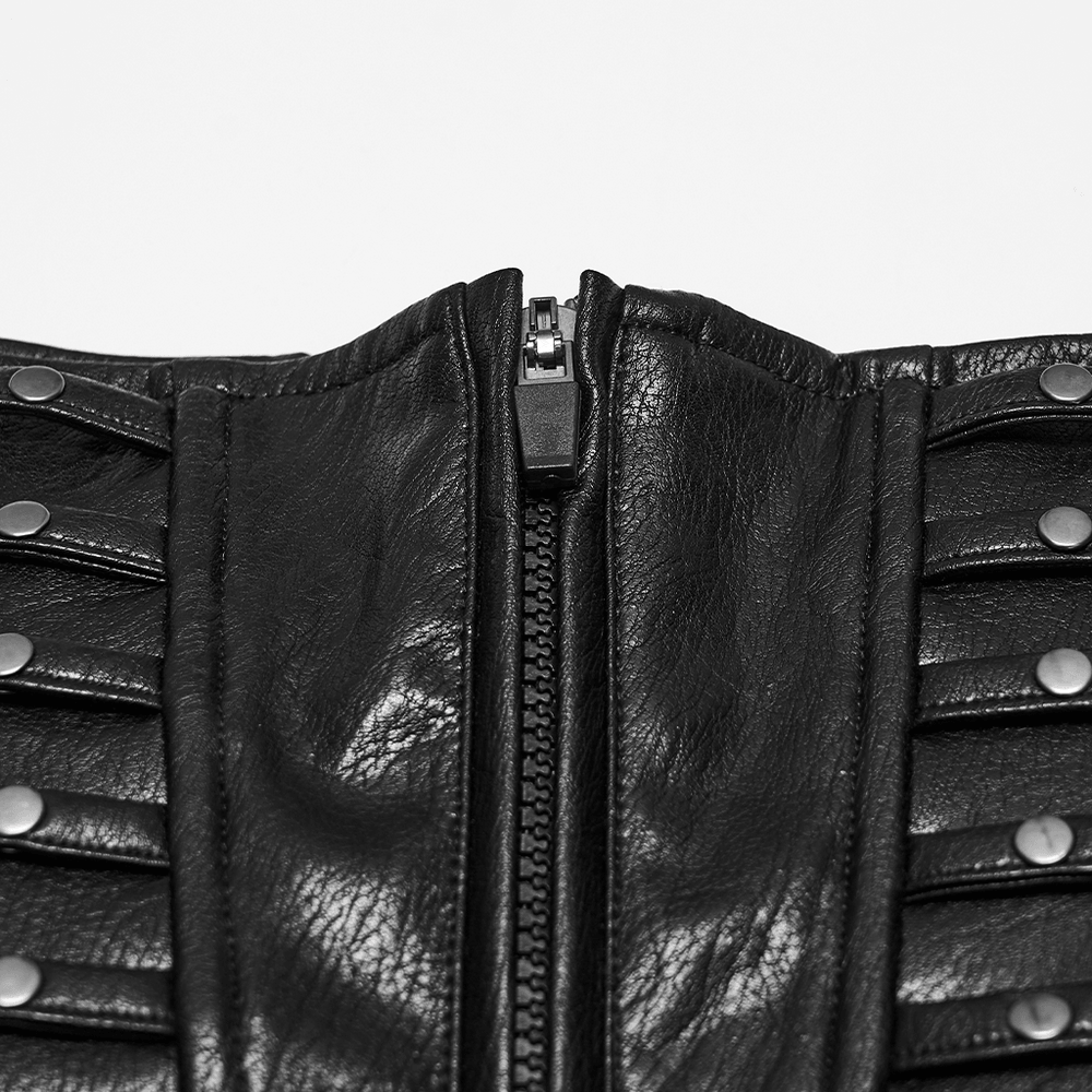 Women's Cyberpunk Faux Leather Underbust Corset with front zipper, metal snaps, and edgy faux leather detail