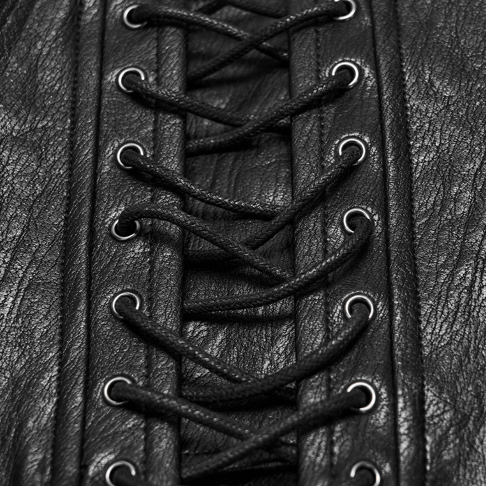 Women's Cyberpunk Faux Leather Underbust Corset with lace-up back, black PU texture, and bold industrial cyber style