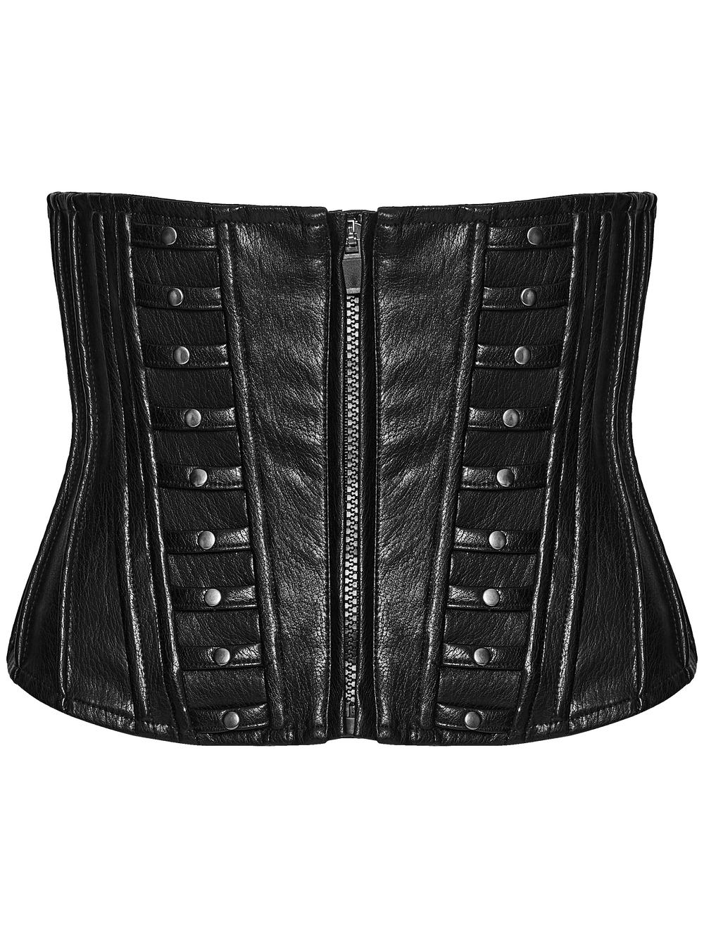 Women's Cyberpunk Faux Leather Underbust Corset with front zipper, metal snaps, and sleek black industrial edge